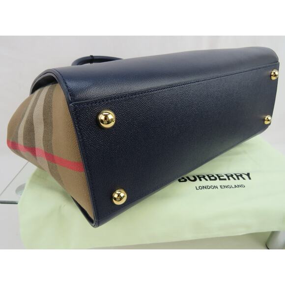 NWT BURBERRY BANWELL DARK BLUE LEATHER CHECK CANVAS SM SHOULDER TOTE BAG $ 1950 - Picture 12 of 13